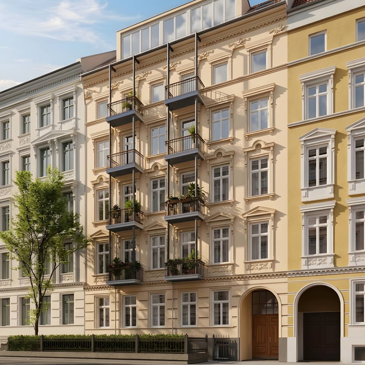 Stuckfassade mit neuen Balkonen