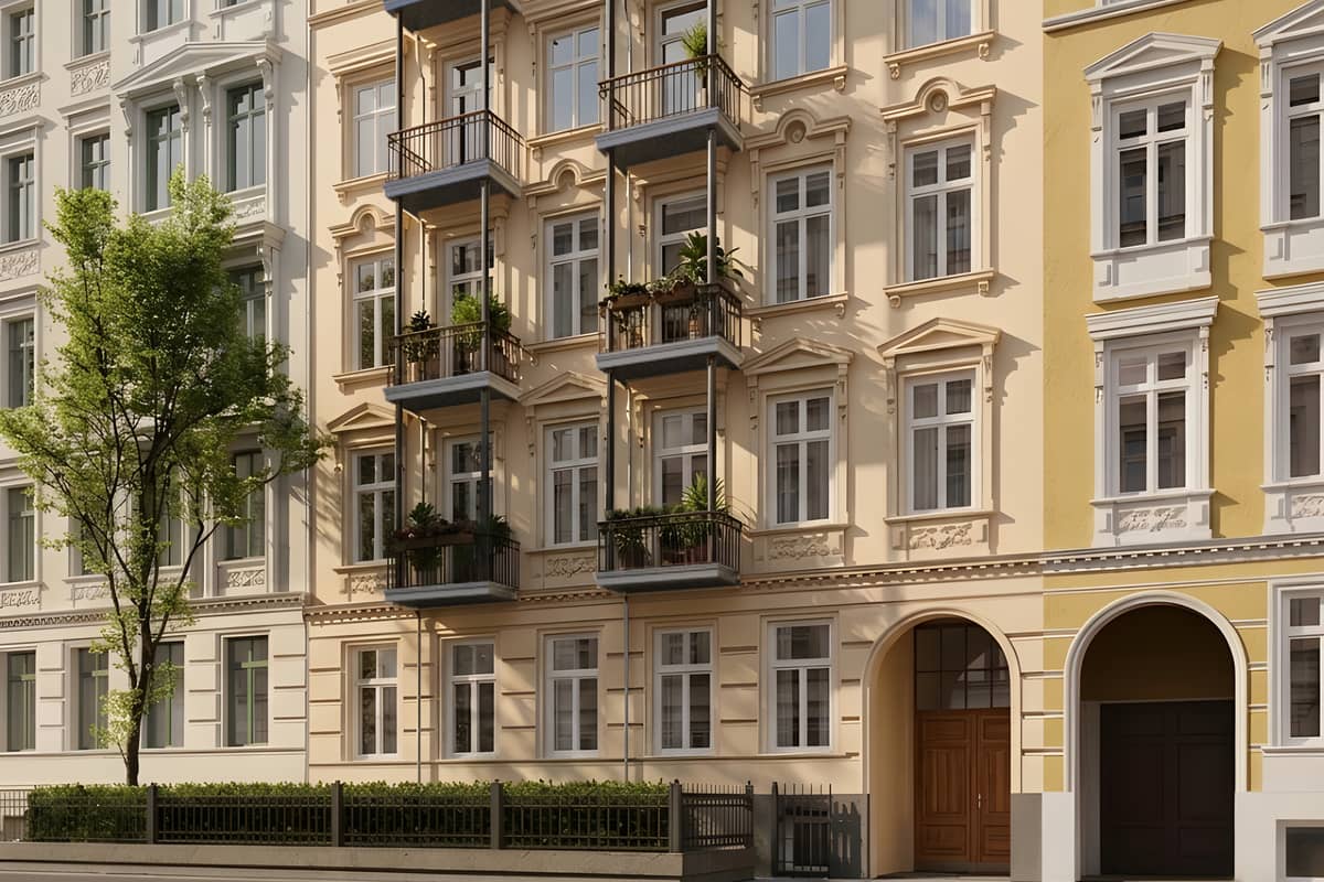 Stuckfassade mit neuen Balkonen