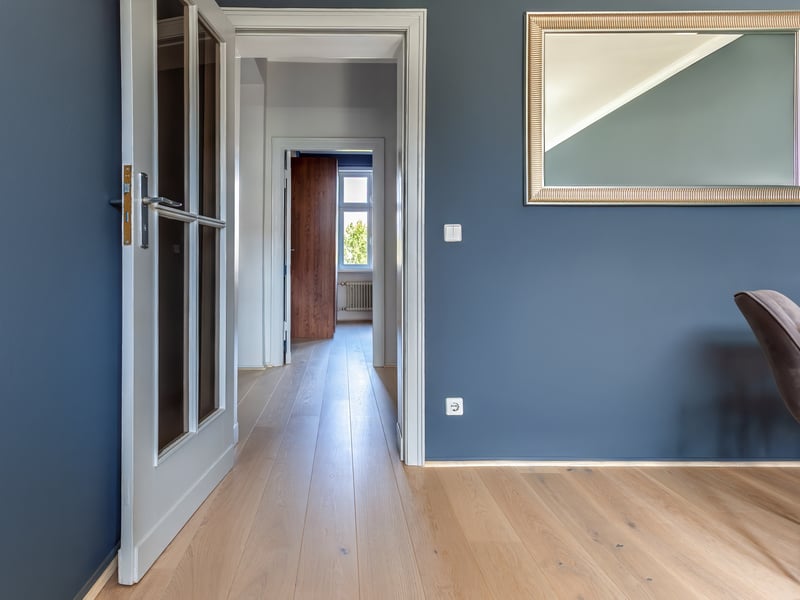 South-facing view of the greenery, 5th floor with lift – refurbished two-room flat in a historic building